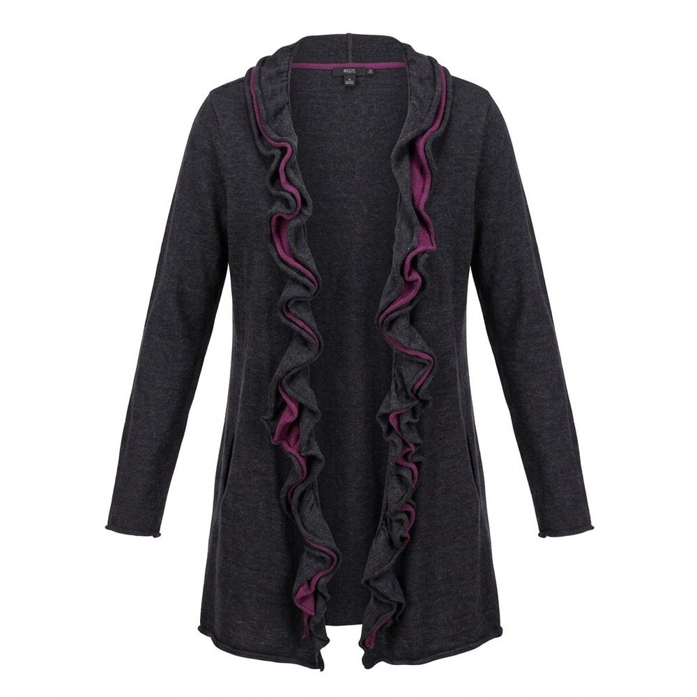 Saks Fifth Avenue Black Merino Wool Ruffle Open Front Cardigan Gray Purple L